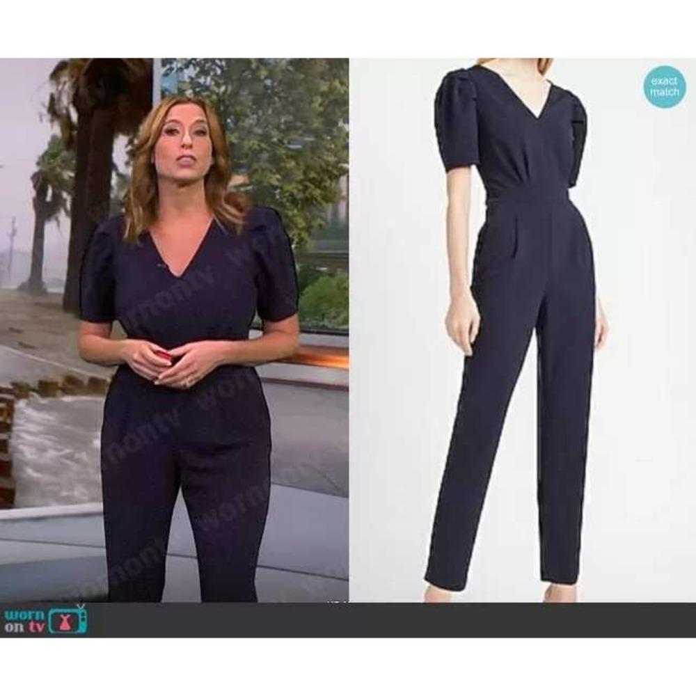 Express Jumpsuit Women Small Navy Blue Puff Sleeve V-Neck Tapered Leg 007825272